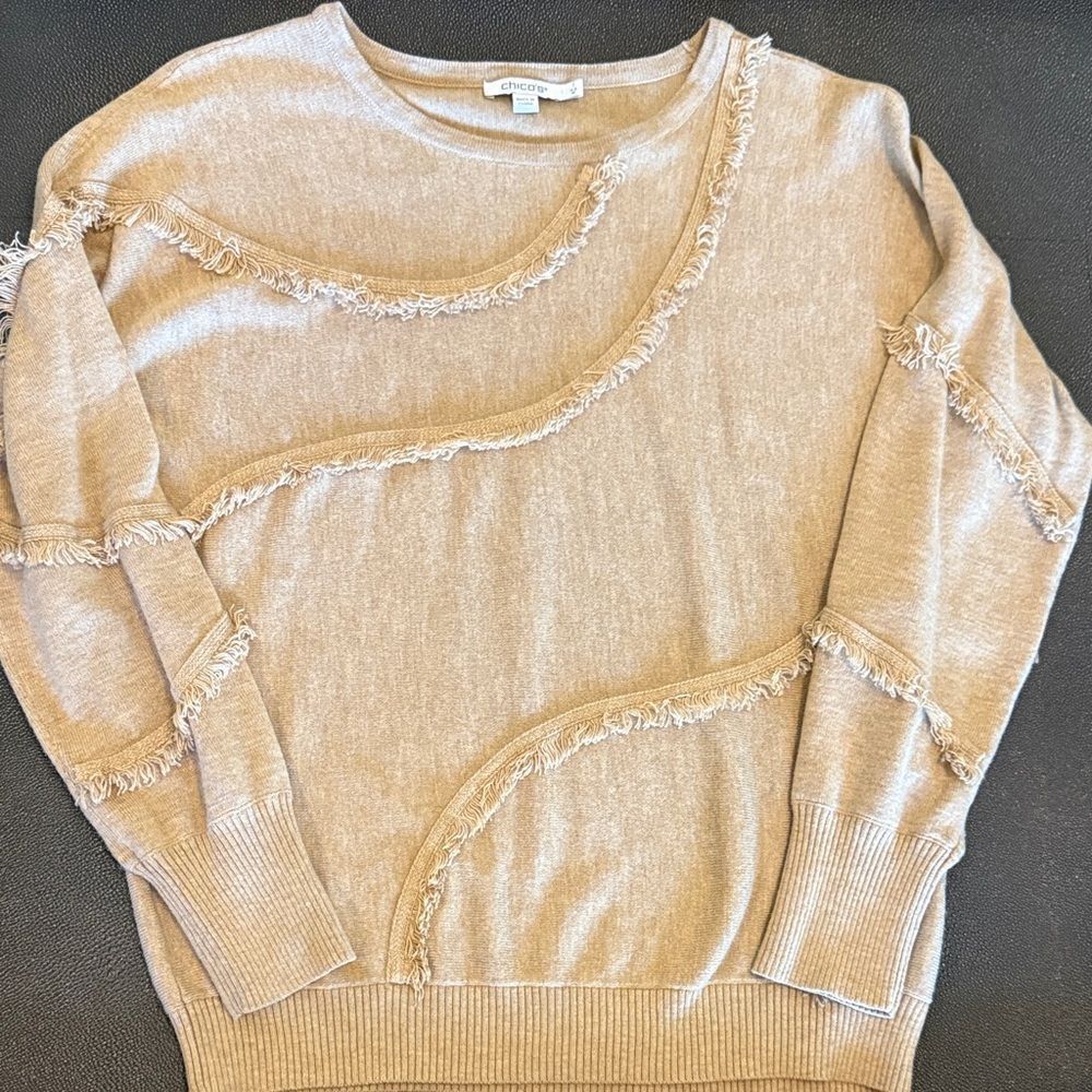 Chico's Women's Fringe Pullover Sweater - Camel size 1/ medium